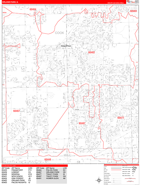 Orland Park City Wall Map Red Line Style